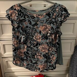 Loft Light Blue with Dark Blue and Pink Floral Print Short Sleeve Blouse